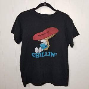 Smurf "Chillin" T-Shirt Graphic Tee Black Short Sleeve Size Medium Unisex Casual